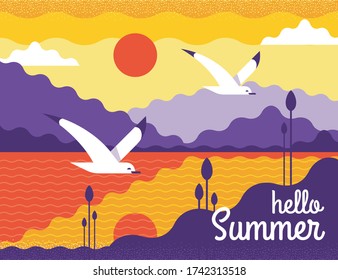 Vector landscape illustration. Seagulls fly over the water. Fantastic sunny day view with sea and mountains. Trendy style banner can be used for gift card, flyer, postcard, poster, calendar.