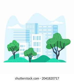 Vector landscape illustration. Vector illustration of  Skyscraper in the forest isolated on a white background.