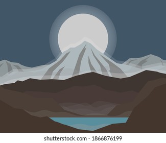 Vector landscape illustration snowy mountains hills with lake and sunrise or sunset Abstract design nature colors white blue brown yellow Wallpaper background icons web 