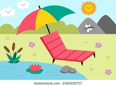 

Vector landscape illustration with sun lounger standing under colorful beach umbrella near the river or lake with water lily and reeds. Cute horizontal nature scenery with holiday rest concept

