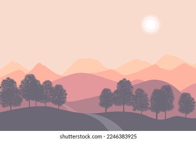 Vector landscape illustration. Sunset in mountains.