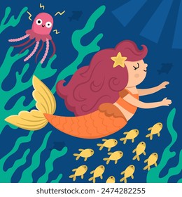 Ilustración de Vector con sirena nadadora con pelo rojo, peces, medusas divertidas. Escena del reino del océano o del mar con algas, princesa marina. Fondo de cuento de hadas cuadrado lindo para los niños
