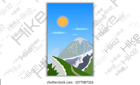 Vector landscape illustration. Three climbers hiking on show mountain. Trendy modern flat design. Green lends with ices and show. Blue sky yellow sun. Template flyer poster or banner realistic shadow.