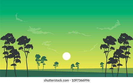 vector landscape illustration, trees and meadow in sunset