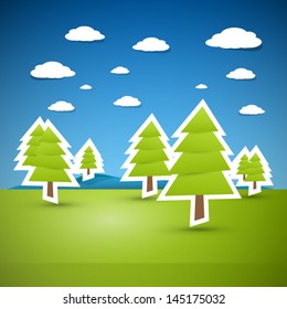 Vector landscape illustration, trees on meadow with white clouds on blue sky