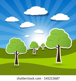 Vector landscape illustration, trees on meadow with white clouds on blue sky