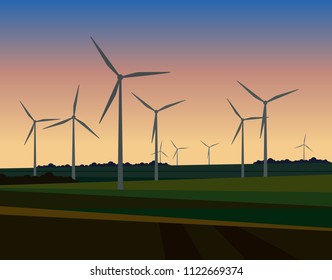 Vector landscape illustration with wind farm at sunrise. Green power of future, sustainable source of energy. Cultivated fields, beautiful evening sky colors