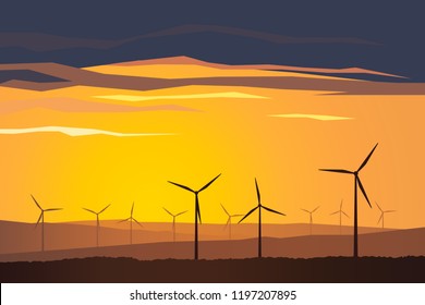 Vector landscape illustration with wind turbines at sunset. Green power of future, sustainable source of energy. Silhouette of distant forested hills, beautiful evening sky colors and clouds