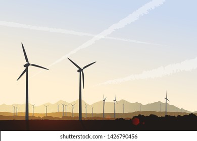 Vector landscape illustration with wind turbines at sunrise. Green power of future, sustainable source of energy. Silhouettes of distant mountain peaks. Environment background with copy space