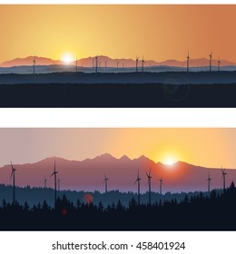 Vector landscape illustration with wind turbines at sunset. Silhouettes of mountains and forest against rising sun