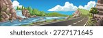 Vector landscape illustration of a winding asphalt road near a river and waterfall with pine forest and mountains. Scenic nature background with a wooden signpost under a blue sky.