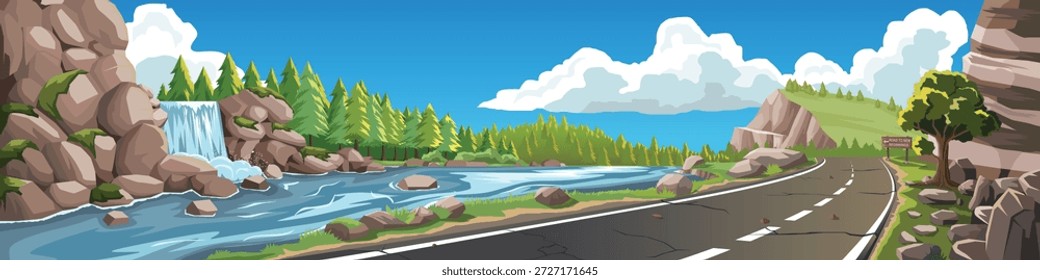 Ilustración del paisaje del Vector de un camino de asfalto sinuoso cerca de un río y cascada con bosque de pinos y montañas. Fondo escénico de la naturaleza con una señal de madera bajo un cielo azul.