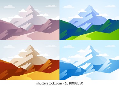 Vector landscape illustrations of 4 seasons. Spring, Summer, Autumn, Winter. Mountain peak view. Flat colorful background design for web banners.