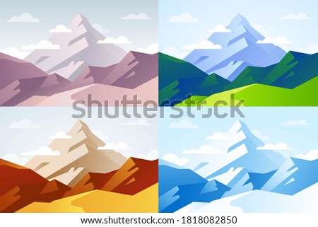 Vector landscape illustrations of 4 seasons. Spring, Summer, Autumn, Winter. Mountain peak view. Flat colorful background design for web banners.