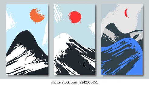Ilustraciones del paisaje vectorial. Carteles artísticos dibujados a mano. Diseño de afiches, banner, folleto, invitación. 