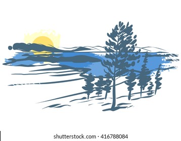 Vector landscape. Imitation of ink sketch. Trees, mountains, lake