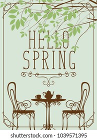 Vector landscape with the inscription Hello Spring in retro style in frame with curls. Outdoor cafe furniture, tea table covered for two with two cups and a teapot under tree with green leaves