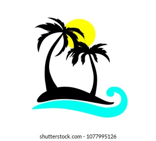 Vector landscape . Island with palm trees and sun.