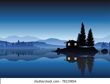 vector landscape with an islet and a cozy home in the lake in the evening and the mountains in the background