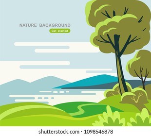 Vector Landscape with lake or bay and mountains.