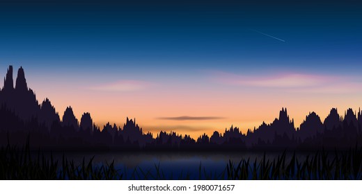 El paisaje vectorial de un lago en el bosque al atardecer. Silhouette negra con cielo y nubes de colores.