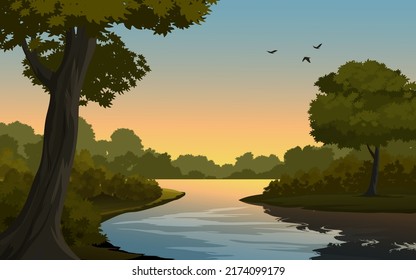 Vector landscape of lake and forest at sunset time