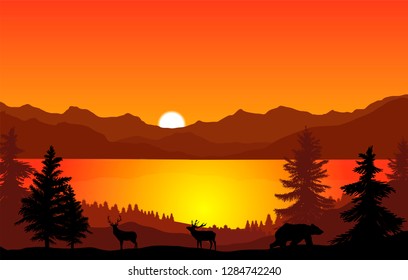 vector landscape of lake in the mountains and animals wondering in the woods under sunset sky,nature illustration