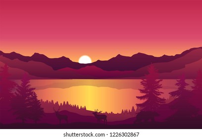 vector landscape of lake in the mountains and forest, nature illustration