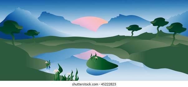Vector landscape with a lake, mountains and sunset