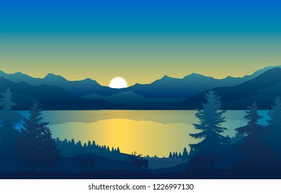 vector landscape of lake in the moutains and pine forest, animals walking at the sunrise