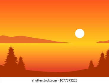 vector landscape of lake under sunset sky. nature illustration