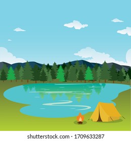 Vector of landscape lake view. Travel in the holiday. Camp near the lake.