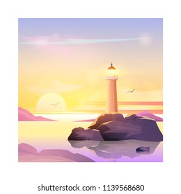 Vector landscape with lighthouse illustration. Sunset at sea.