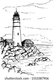 Vector landscape with a lighthouse on a rocky shore and small fishing houses. Coastline, beach and sea. Black silhouettes isolated on white background. Sketch design, contour drawing style.