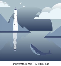 Vector landscape with lighthouse and whale illustration