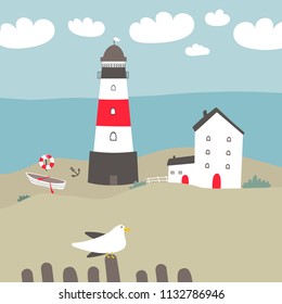 Vector landscape with a lighthouse, white houses, and fishing boat. Vector illustration.
