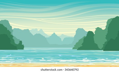 Paisagem vetorial com rochas calcárias na baía marítima. Ilustração tropical da natureza.