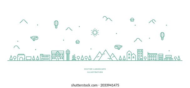 Ilustración de la línea horizontal del vector. Paisaje de pueblo con casas, edificios, montaña, árbol, cielo. Paisaje suburbano en estilo de arte monocromático. Ilustración vectorial.