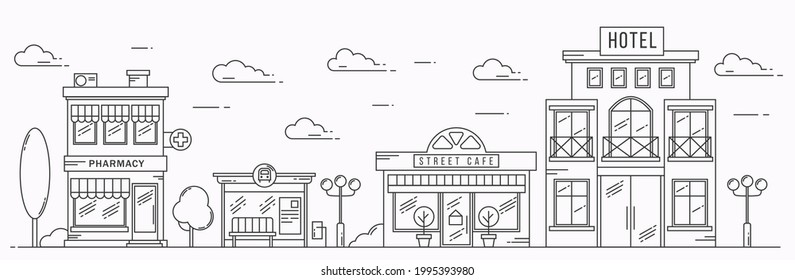 Vector landscape in line art style. Outline street with houses, building, tree and clouds. Cafe, pharmacy, hotel and bus stop. Illustration isolated on white background.