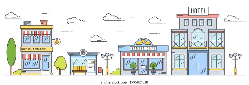 Vector landscape in line art style. Outline street with houses, building, tree and clouds. Cafe, pharmacy, hotel and bus stop. Colored illustration isolated on white background.