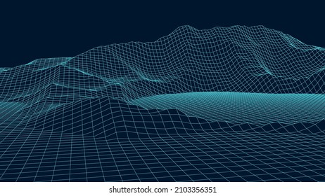 Vector landscape of lines. Wireframe concept of mountains. Technology background. Big Data.