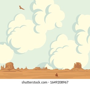Vector landscape with a lone rider in the desert on the background of cloudy sky. Hot prairies and the silhouette of a cowboy on a horse. Decorative illustration on the theme of the Wild West.