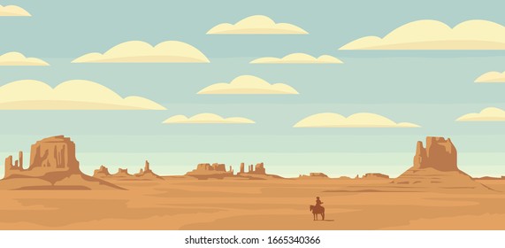 Vector landscape with a lone rider in the desert. American prairies and the silhouette of a cowboy on a horse. Decorative illustration on the theme of the Wild West. Western vintage background