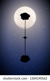Vector landscape with lonely tree on moonlit night. Illustration with silhouette of maple reflected in water. Full moon in starry sky