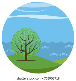 Vector landscape with a lonely tree on the background of the sea in a circle. 