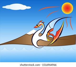 Vector of a landscape, as the main one is a swan of bright colors, in the upper part a cloud and a sun and in the lower part the mountains and waves.