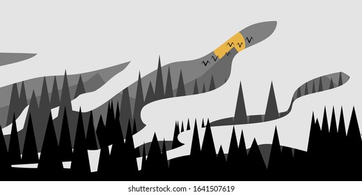 Vector landscape with many pine trees and the fog floats around. 
Bats flying in the sky And there is a moon behind