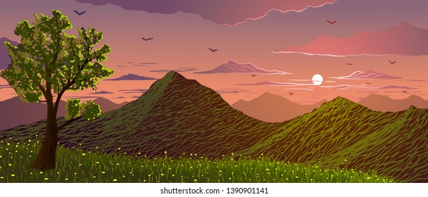 Vector landscape. Meadow with tree and yellow flowers of background of green mountains chain at sunset.
