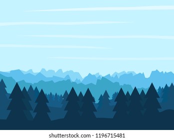 Vector landscape in a minimalist style. Silhouettes of trees and mountains