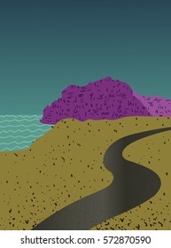 vector landscape; a minimalistic landscape in a modern style of a sea shore with a road and hills; great to illustrate North European nature